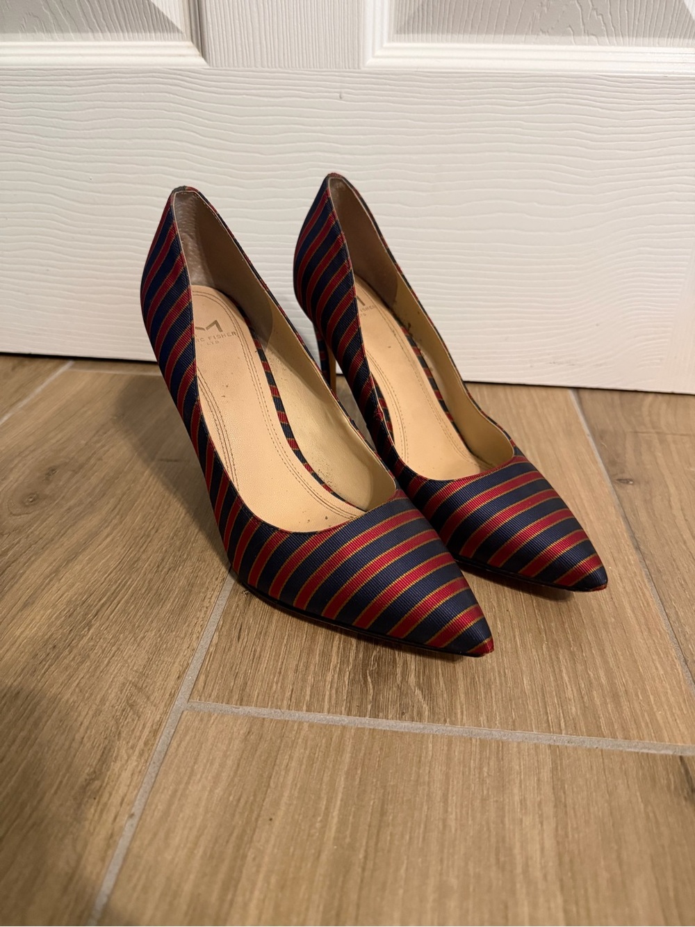 Marc Fisher Striped Pointed-Toe Pumps in Navy and Red